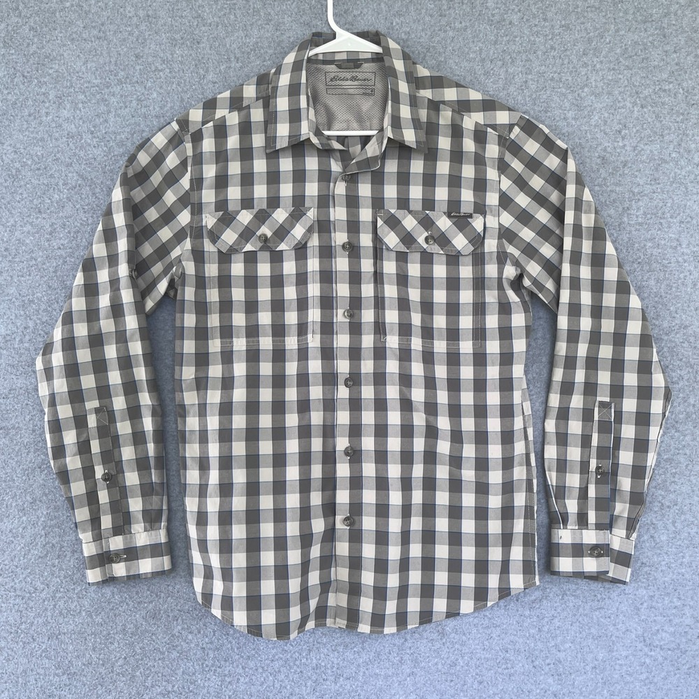 Eddie Bauer Shirt Mens Medium Button Down Gray Long Sleeve Roll Tab Sleeve Plaid